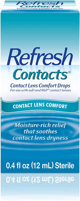 Front view of Refresh Contacts 0.4 oz sterile bottle in a five-pack