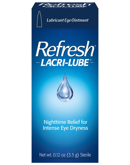 Refresh Lacri-Lube ointment tube closeup showing long-lasting eye lubrication.