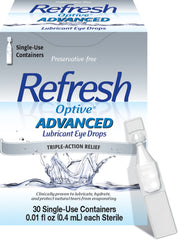 Refresh Optive Advanced bottle pour demonstrates preservative-free lubrication for dry eye relief.