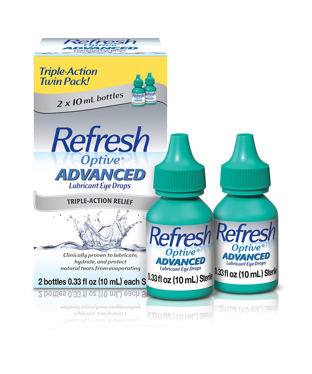 Refresh Optive advanced bottle-front shows soothing lubrication for dry eye relief throughout the day.