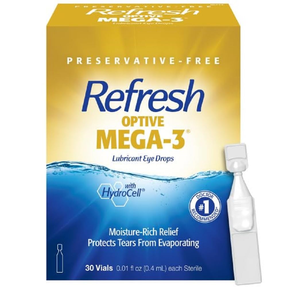 Refresh Optive Mega-3 bottle closeup shows quick, soothing relief for dry eyes