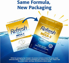 Packaging of Refresh Optive Mega-3 showing sterile vials for preservative-free dry-eye care.