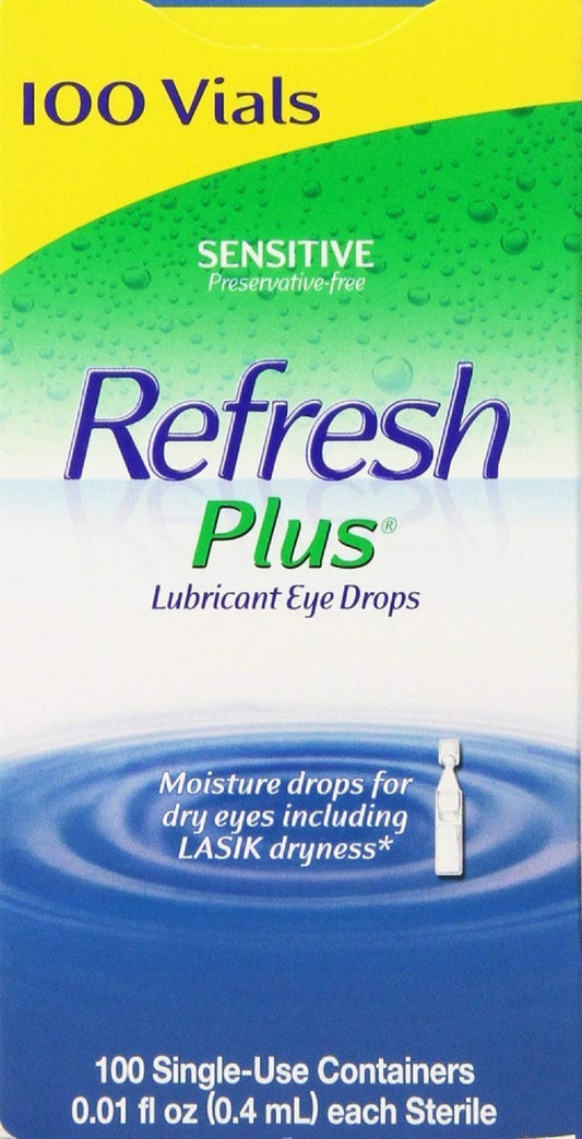 Refresh Plus eye drops 100-count pack shown in packaging for hygienic use and convenience.