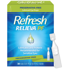 Refresh Relieva PF bottle closeup showing preservative-free comfort for dry eyes.