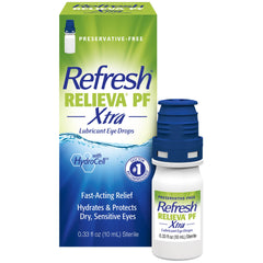 Refresh Relieva PF Xtra bottle top view showing compact preservative-free drops.