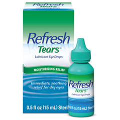 Refresh Tears eye drops bottle close-up shows fast-acting relief for dry eyes.