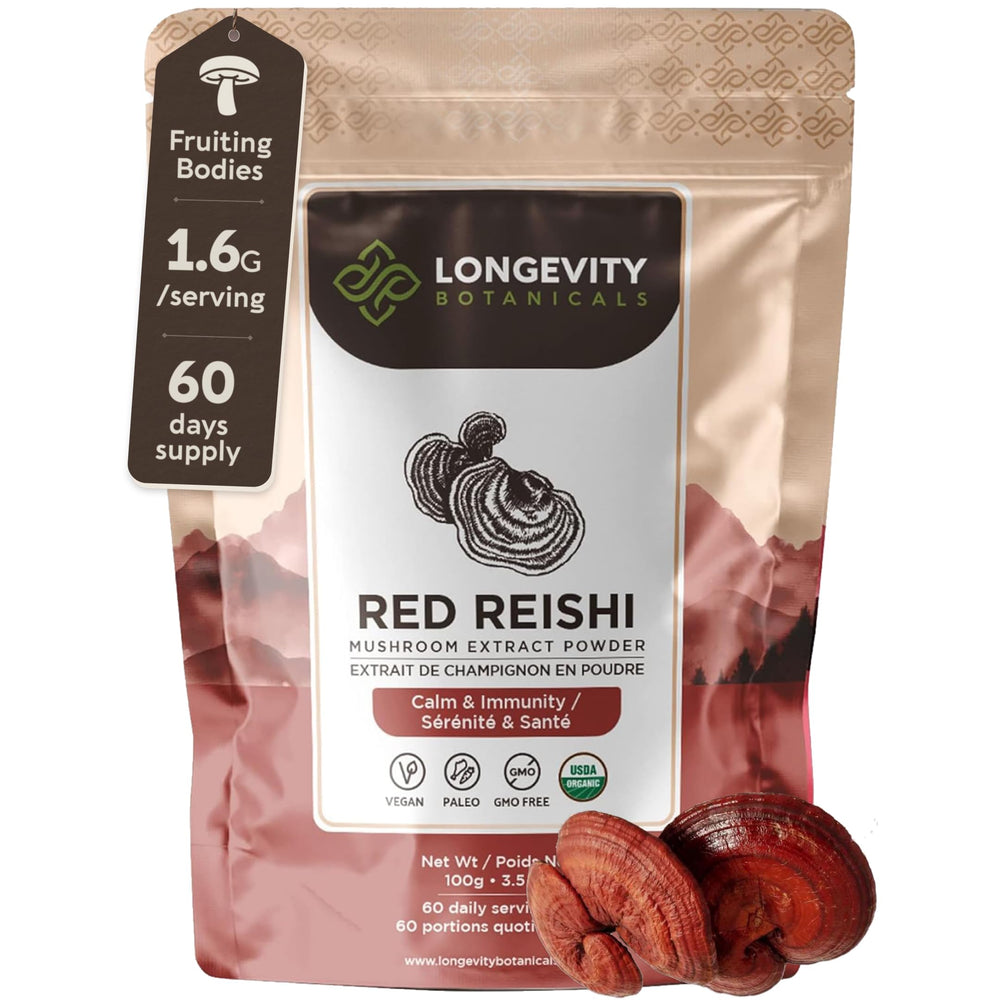Hero image of Longevity Botanicals Organic Reishi Mushroom Extract Powder in a jar
