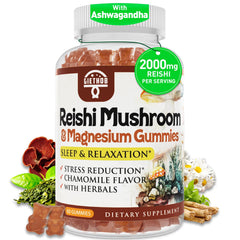 Bottle of vegan Reishi Mushroom Gummies with label
