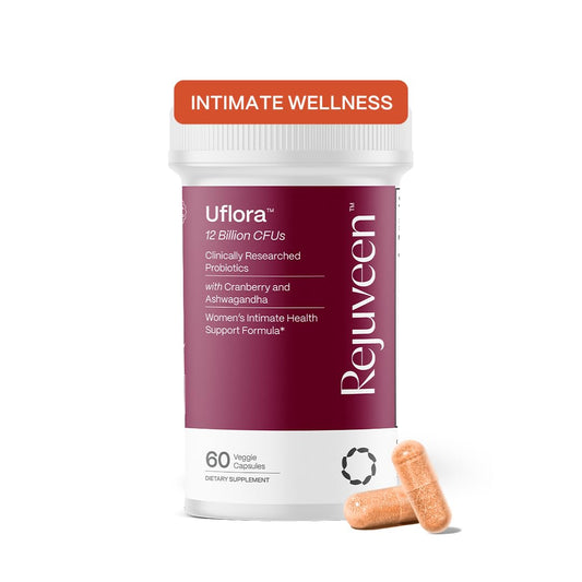 Rejuveen Uflora bottle view for daily vaginal wellness support.
