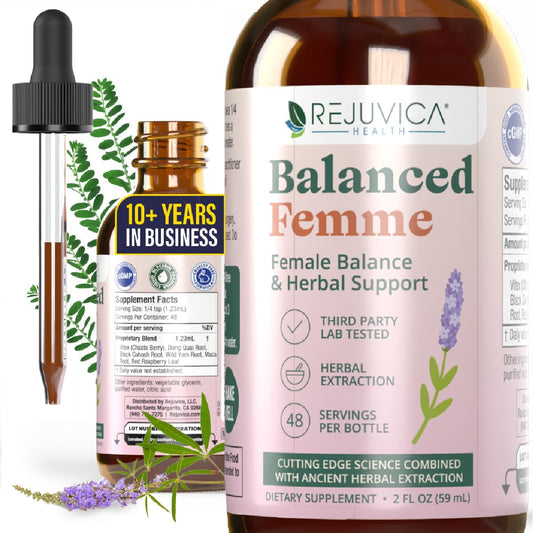 Rejuvica Balanced Femme liquid supplement bottle with dropper