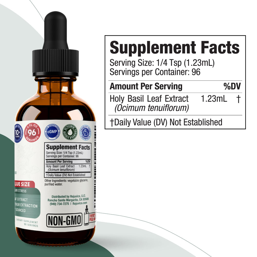 Vegan, Non-GMO, alcohol-free Holy Basil extract proudly labeled