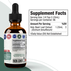 Vegan, Non-GMO, alcohol-free Holy Basil extract proudly labeled