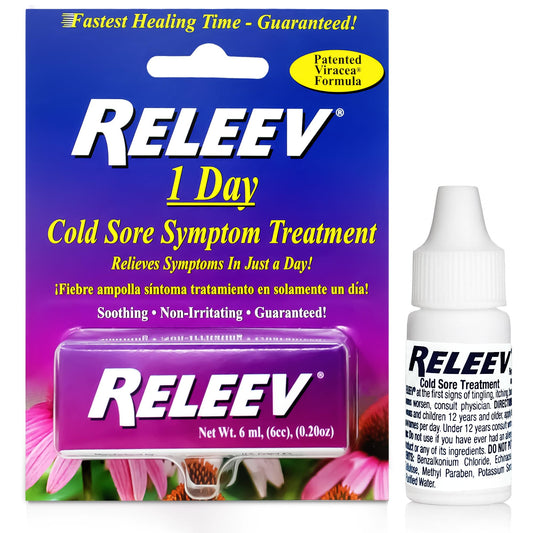 Releev 1 Day Cold Sore Treatment bottle shows portable 6ml size for fast on-the-go relief.
