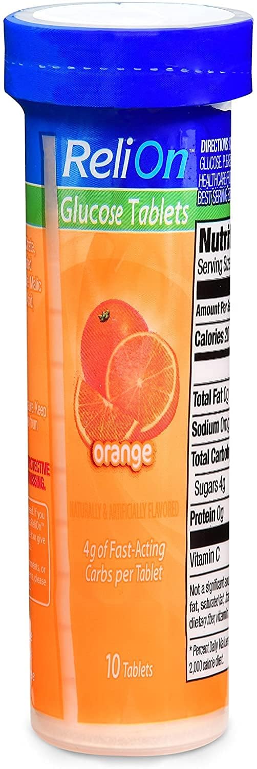 Close-up of ReliOn Glucose Tablets Fruit Punch packaging