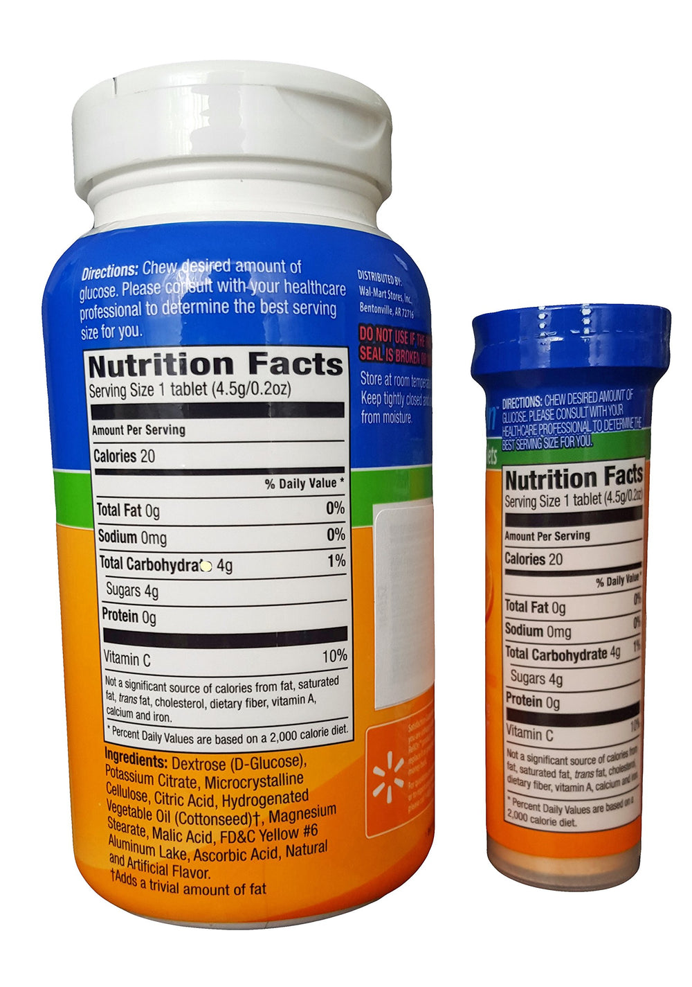 Close-up of ReliOn Glucose 50 tablets with portable tubes (Orange)