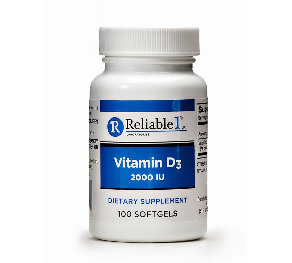 Reliable 1 Laboratories Vitamin D3 2000 IU Softgels bottle – 100 count