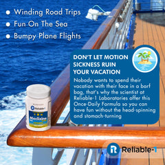 Reliable-1 Laboratories meclizine travel-kit scene implies on-the-go relief during trips.