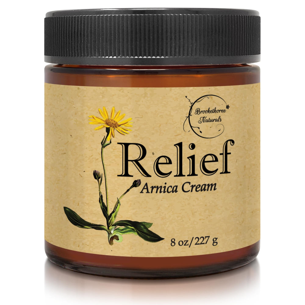 Relief Arnica Cream bottle with lemongrass, eucalyptus and rosemary essential oils