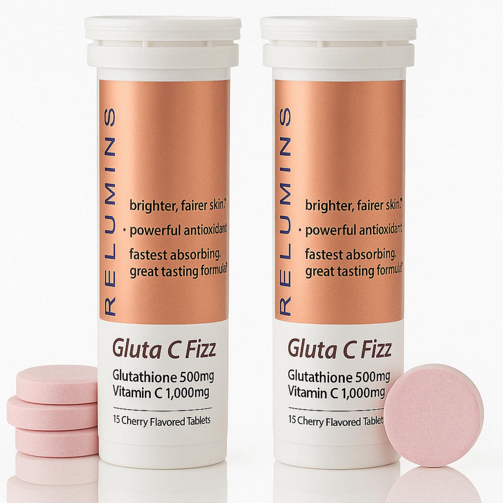 Relumins Gluta C Fizz bottle and box highlighting high-dose glutathione and vitamin C