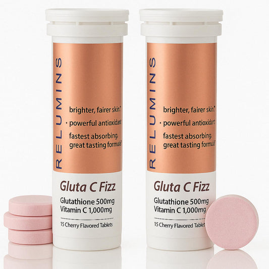 Relumins Gluta C Fizz bottle and box highlighting high-dose glutathione and vitamin C