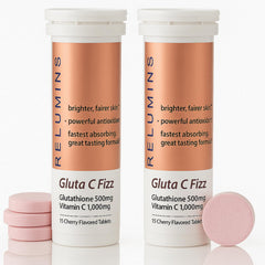 Relumins Gluta C Fizz bottle and box highlighting high-dose glutathione and vitamin C