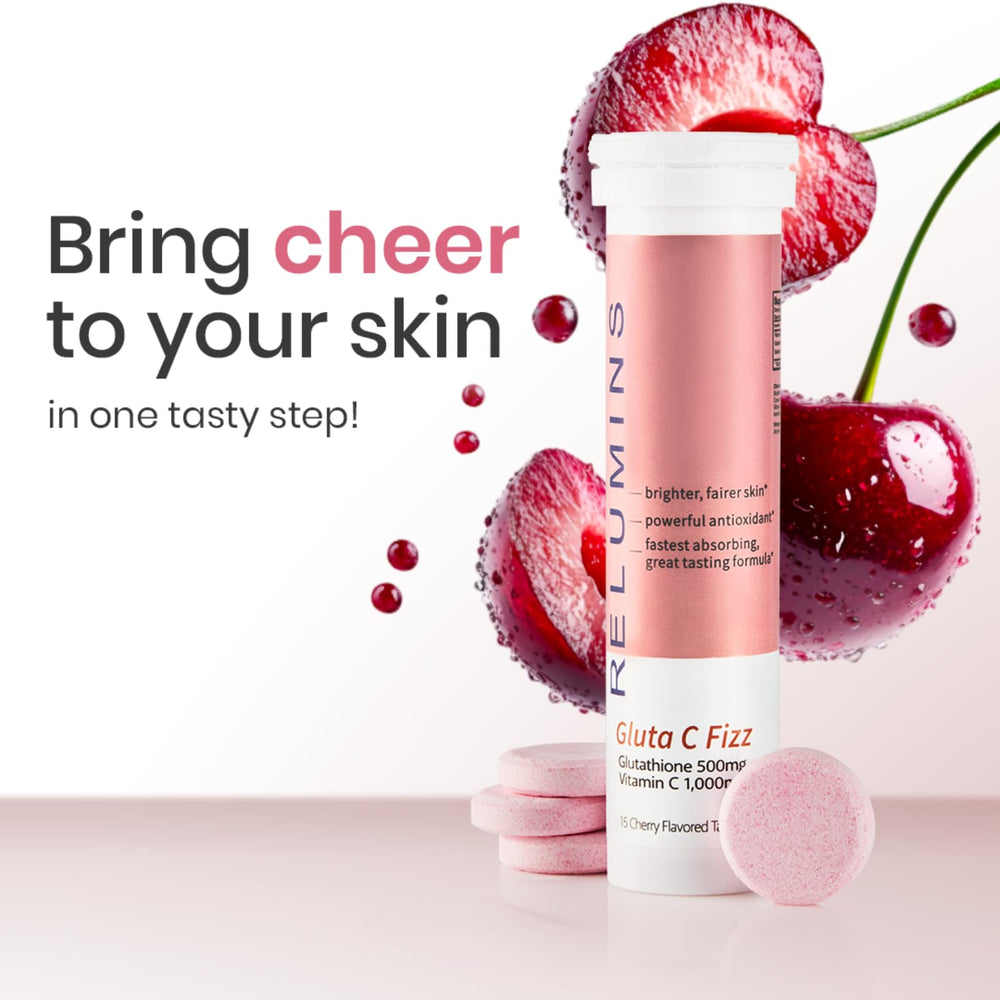 Cherry-flavored Relumins Gluta C Fizz dissolving in glass of water