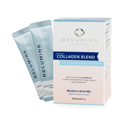Front view of Relumins Marine Collagen Drink Mix Blueberry flavor box with sachets
