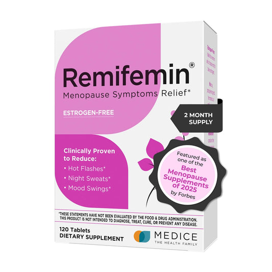 Remifemin bottle closeup demonstrates a hormone-free menopause relief option.