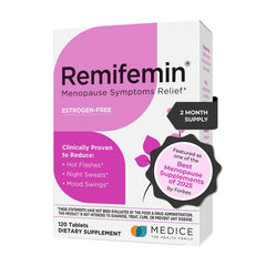 Remifemin bottle closeup demonstrates a hormone-free menopause relief option.
