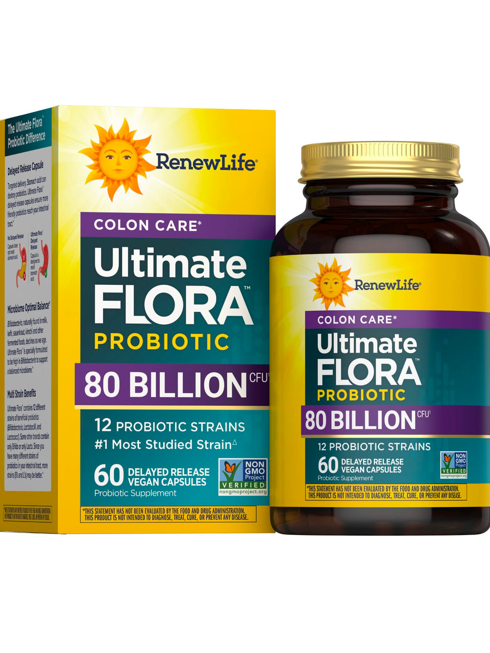Renew Life Colon Care bottle front shows a high-potency probiotic for daily gut support.