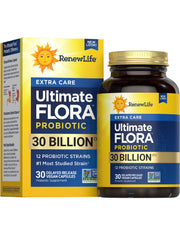 Hero image: Renew Life Extra Care Digestive Probiotic Capsules bottle showing 30 Billion CFU and 12 strains