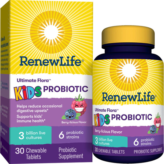 Renew Life Kids Probiotic Chewables Raspberry bottle front 30-count