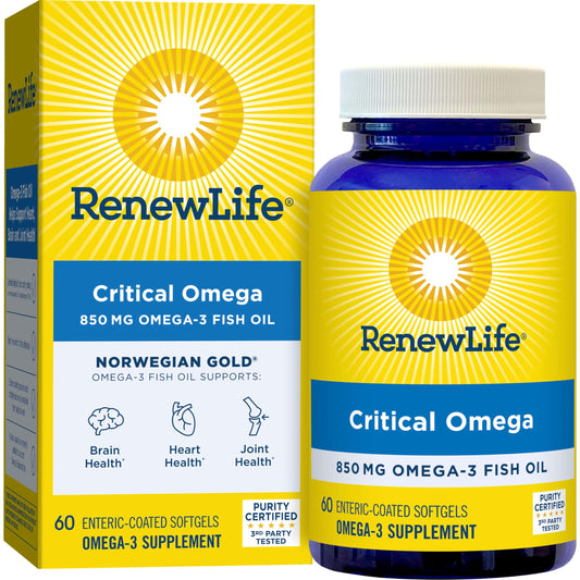 Bottle of Renew Life Norwegian Gold Critical Omega-3 850 mg softgels