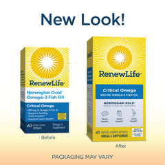 Close-up of Renew Life Norwegian Gold Critical Omega-3 softgels (850 mg each)