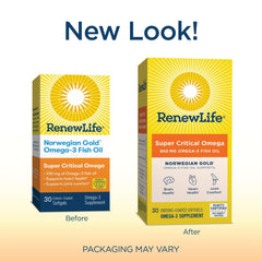 Bottle with 30-count packaging of Renew Life Omega-3 supplement