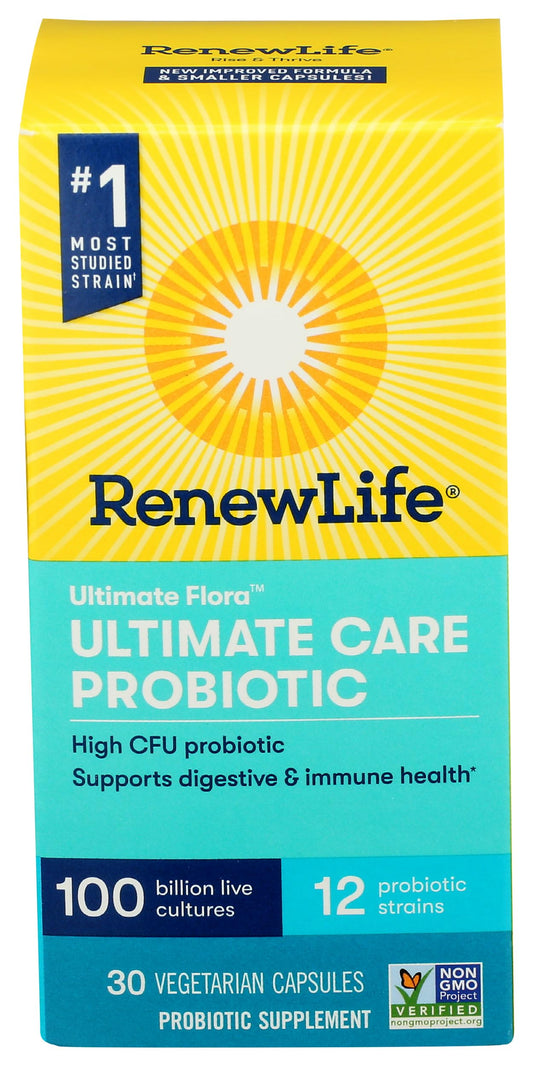 Bottle label for Renew Life Ultimate Flora Care Probiotic 100 Billion, 30 Count