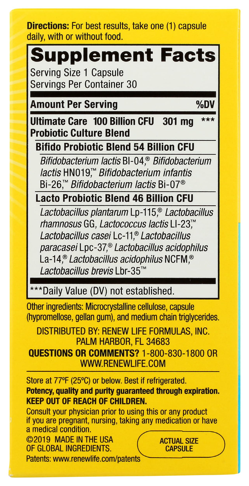 Back panel of probiotic bottle with directions