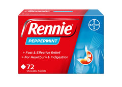 Rennie Peppermint 72 tablets pack front for on-the-go relief.