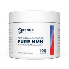 Renue by Science NMN powder in 100g jar highlighting purity and fast sublingual absorption