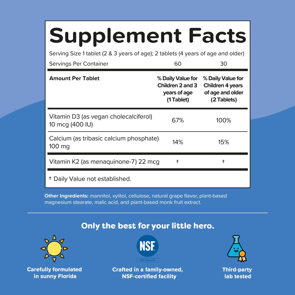 Calcium with Vitamin D3 & K2 for children – dissolvable tablets