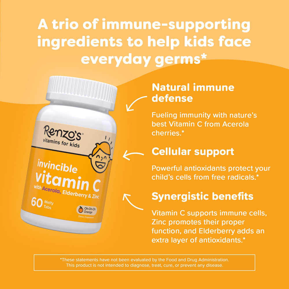 Nutrition and ingredient label for Renzo's kids vitamin C melt tabs
