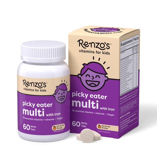 Renzo's Picky Eater Kids Multivitamin orange flavor box and 60 dissolvable tabs