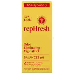RepHresh odor-eliminating vaginal gel box shows the pH-balancing care for daily freshness.
