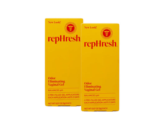 Rephresh vaginal gel packaging displays four pre-filled applicators for easy, discreet use.