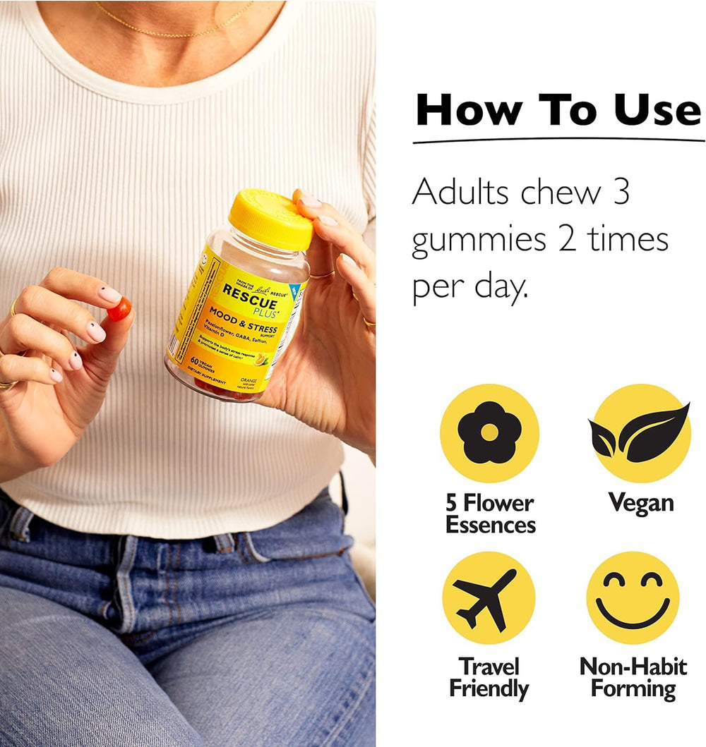 RESCUE Bach Plus Mood and Stress Gummies being chewed as part of a morning routine.