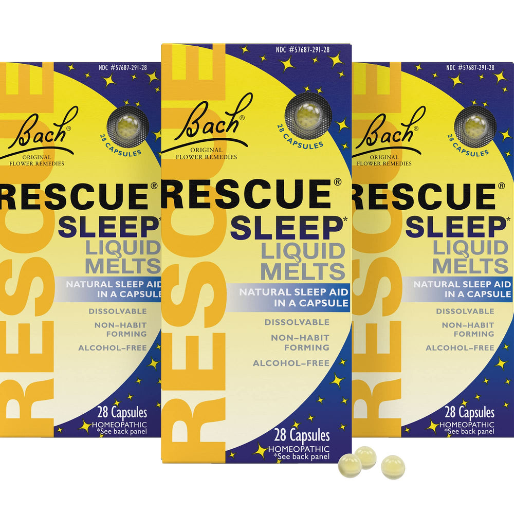 RESCUE Sleep Liquid Melts pack cover shows orange vanilla flavor and 3-pack value for daily calm