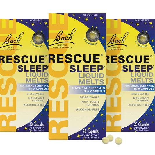 RESCUE Sleep Liquid Melts pack cover shows orange vanilla flavor and 3-pack value for daily calm