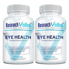 Bottle of Research Verified Eye Health 360 capsules, made in the USA