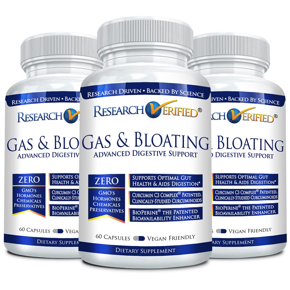 Bottle of Research Verified Gas and Bloating vegan capsules