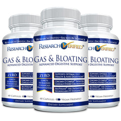 Bottle of Research Verified Gas and Bloating vegan capsules
